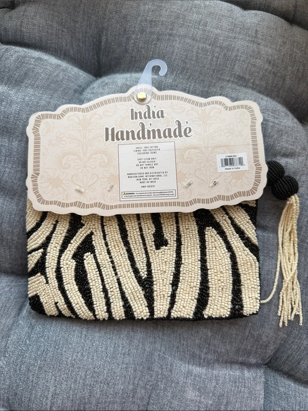 Handmade in India Beaded Zebra Print Clutch - Black & Cream